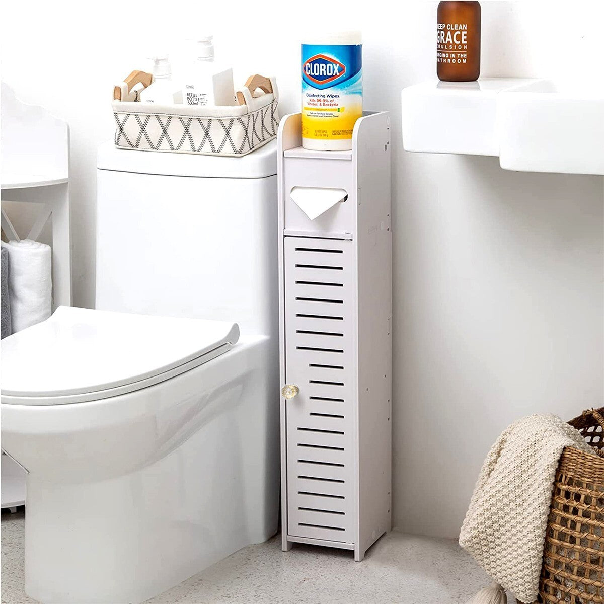 Slim White Wooden Bathroom Storage Cabinet - Toilet Paper Roll Holder with Shutter (UK Stock)