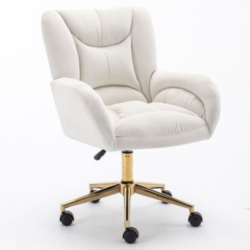 Full KD Velvet Fabric Material Adjustable Height Swivel Home Office Chair For Indoor Office With Gold Legs, Ivory