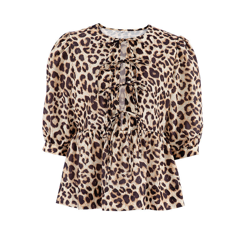 Leopard Print Bubble Sleeve Blouse - Stylish lace- up Shirt for Women