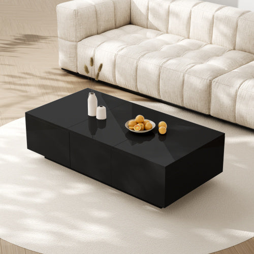 Black High Gloss Coffee Table – Living Room Table with Double Storage Drawers