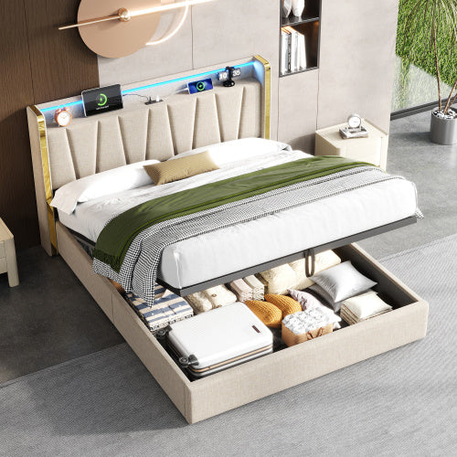 Beige Upholstered Double Bed – Hydraulic Storage Frame with LED Headboard and USB Ports