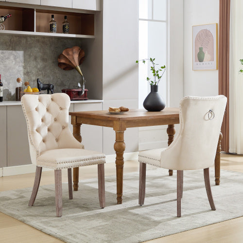 Set of 2 Modern Upholstered Velvet Dining Chairs with Wood Legs – Elegant Tufted Design