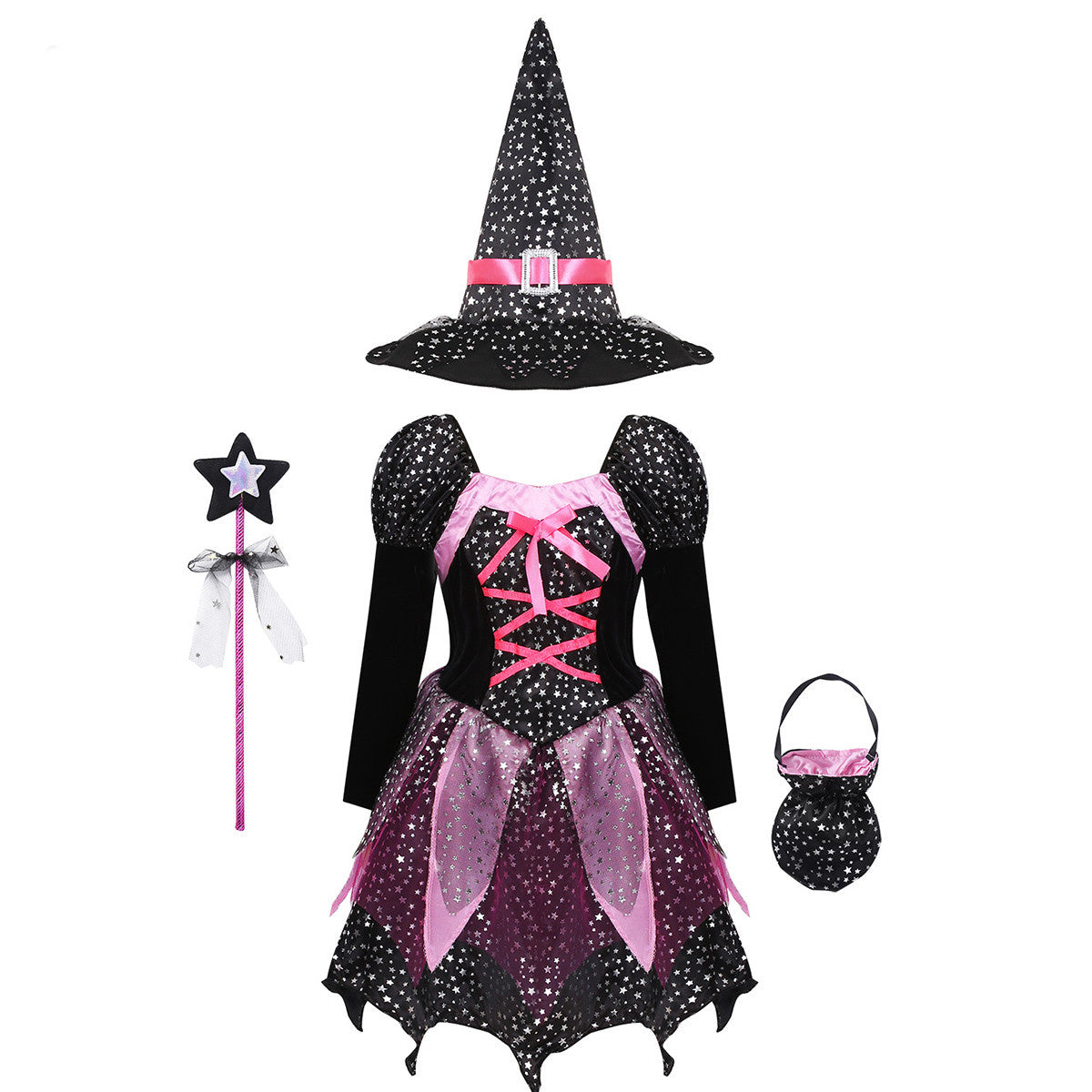 Kids Witch Halloween Costume – Purple Dress with Hat & Trick-or-Treat Bag