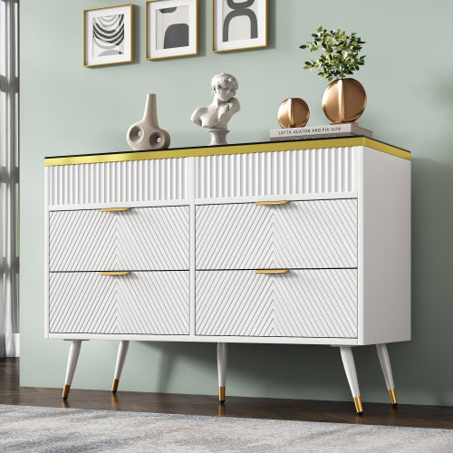 White Sideboard Cabinet – Modern 6 Drawer Dresser with Glass Detail for Living Room
