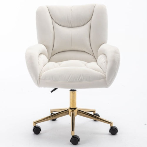 Full KD Velvet Fabric Material Adjustable Height Swivel Home Office Chair For Indoor Office With Gold Legs, Ivory
