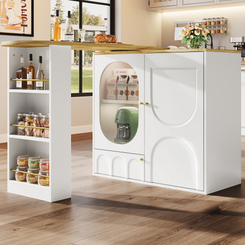 360 Rotating Bar Table – Modern White Kitchen Island with Storage Shelves and Doors