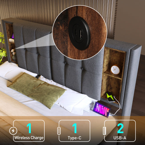 Grey Upholstered Double Bed – Storage Bed Frame with Hydraulic Lift and USB Charging