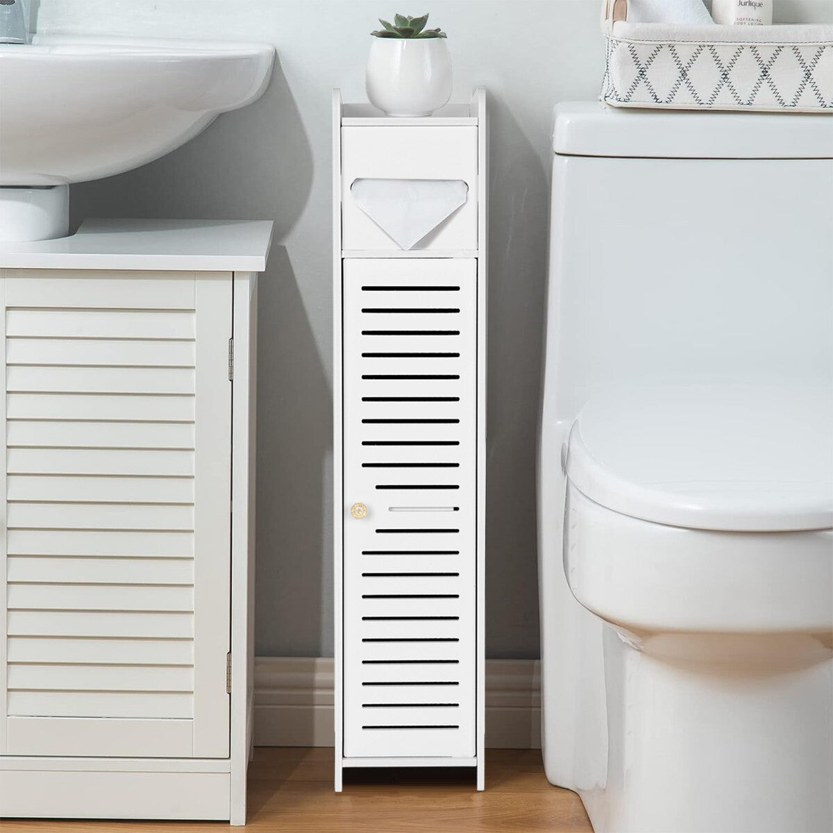 Slim White Wooden Bathroom Storage Cabinet - Toilet Paper Roll Holder with Shutter (UK Stock)