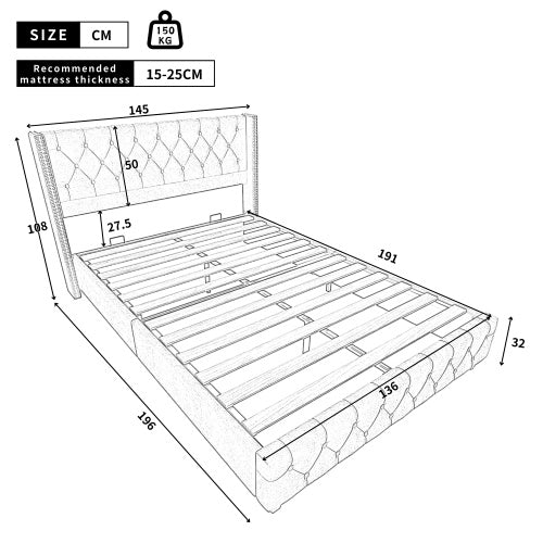 Beige Upholstered Double Bed – Button Tufted Headboard with Wooden Legs