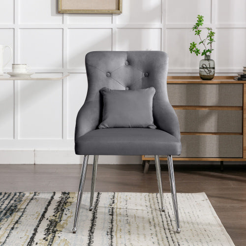 Modern Grey Upholstered Dining Chair – Button Pattern Seat with Metal Legs