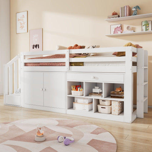 Multifunctional Wooden Children’s Bed – White Bunk Bed with Stairs, Storage and Desk