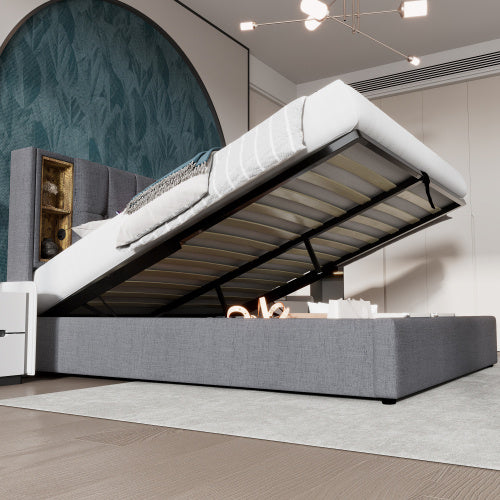 Grey Upholstered Double Bed – Storage Bed Frame with Hydraulic Lift and USB Charging