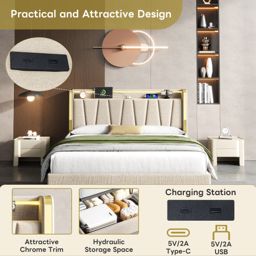 Beige Upholstered Double Bed – Hydraulic Storage Frame with LED Headboard and USB Ports