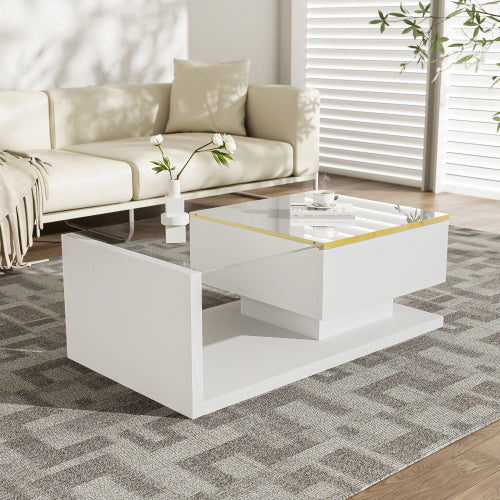 Modern White Coffee Table – High Gloss Design with Glass Top and LED Effect