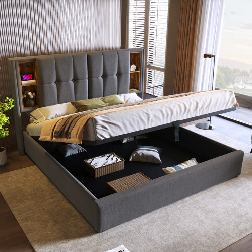 Grey Upholstered Double Bed – Storage Bed Frame with Hydraulic Lift and USB Charging