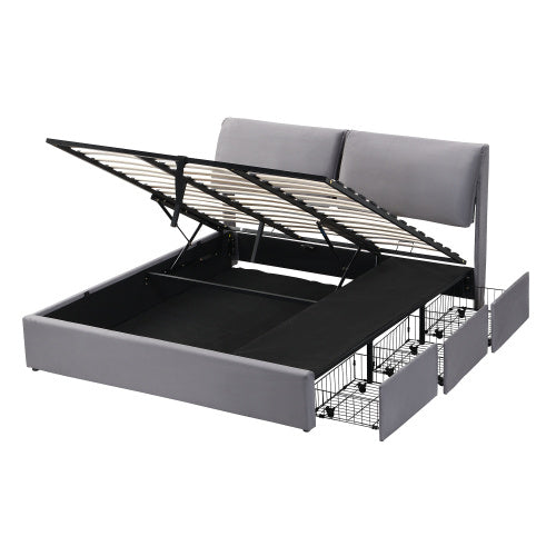 Upholstered King Size Bed with Storage Drawers & Padded Headboard – Grey Velvet Frame