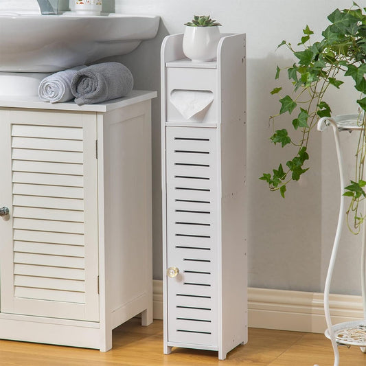 Slim White Wooden Bathroom Storage Cabinet - Toilet Paper Roll Holder with Shutter (UK Stock)
