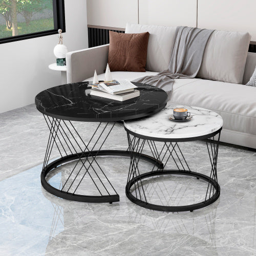 Set of 2 Round Marble Coffee Tables – Modern Black Metal Frame Nesting Tables