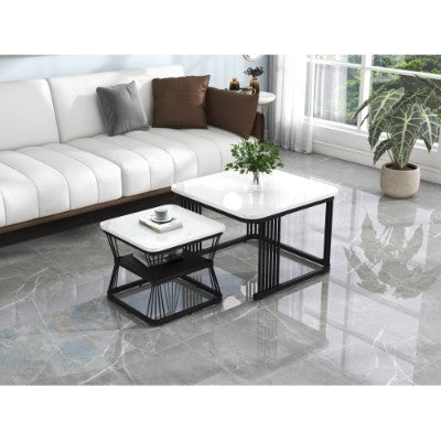 Set of 2 Square Coffee Tables – Modern Nesting Tables with Black Metal Frame