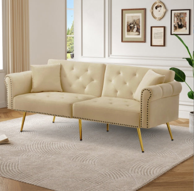 Modern 2 Seater Sofa Bed – Velvet Upholstery with Adjustable Backrest and Gold Legs