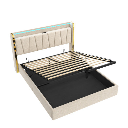 Beige Upholstered Double Bed – Hydraulic Storage Frame with LED Headboard and USB Ports