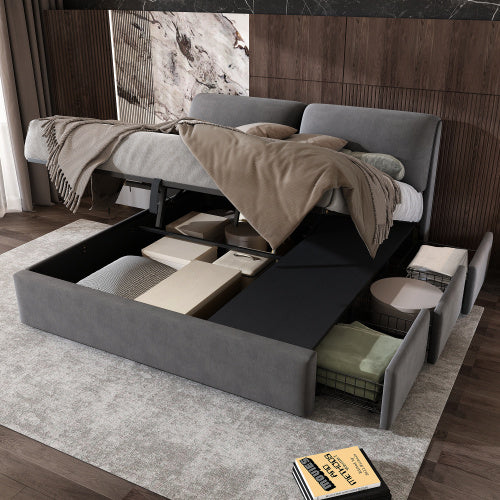 Upholstered King Size Bed with Storage Drawers & Padded Headboard – Grey Velvet Frame