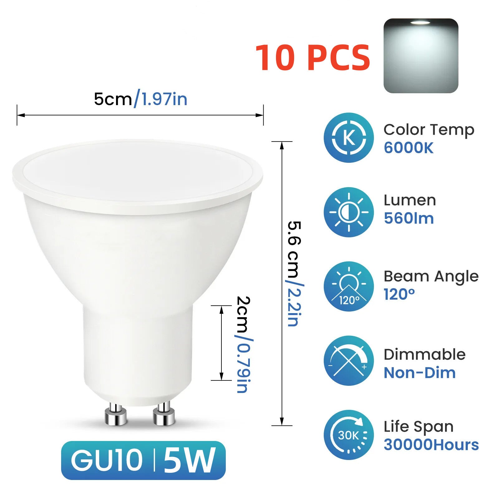 10x 5W GU10 LED Bulbs Spot Lamp Cool Day White Down Lights Eneygy Saving 120A