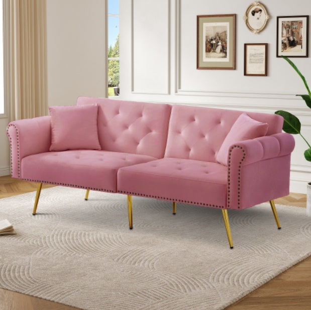 Modern 2 Seater Sofa Bed – Velvet Upholstery with Adjustable Backrest and Gold Legs