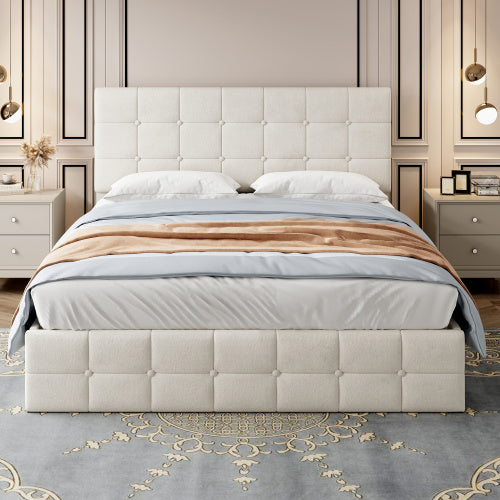 Beige Upholstered Double Bed – Storage Ottoman Bed Frame with Tufted Headboard