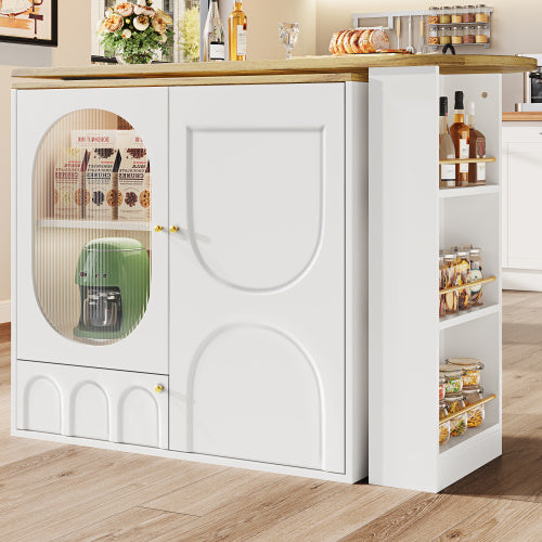 360 Rotating Bar Table – Modern White Kitchen Island with Storage Shelves and Doors