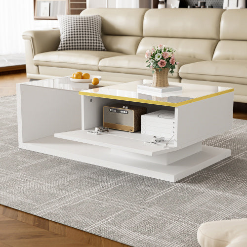 Modern White Coffee Table – High Gloss Design with Glass Top and LED Effect