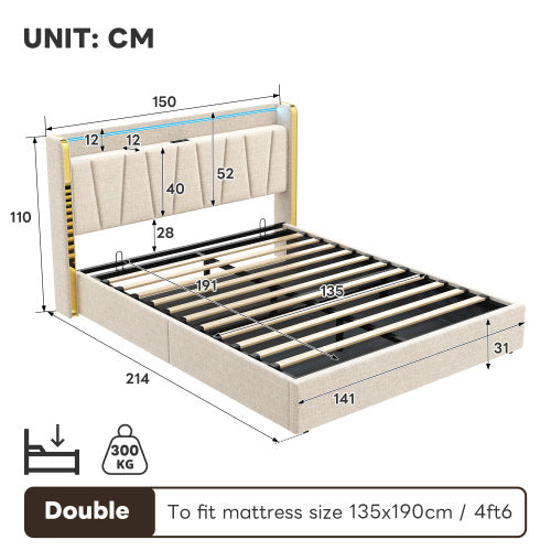 Beige Upholstered Double Bed – Hydraulic Storage Frame with LED Headboard and USB Ports