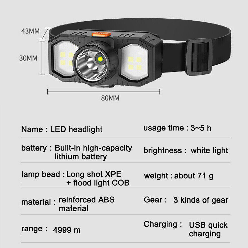 LED Head Torch - USB Rechargeable Waterproof Headlamp for Camping, Hiking & Work (UK Stock)