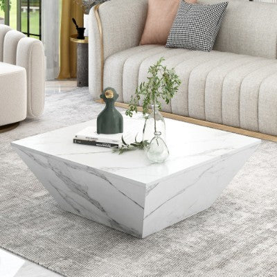 Modern White Marble Coffee Table – Square PVC Veneer Center Table for Living Room