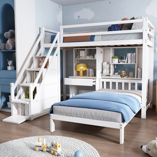 Wooden House Bunk Bed with Desk & Shelves – White Children’s Double Bed Frame