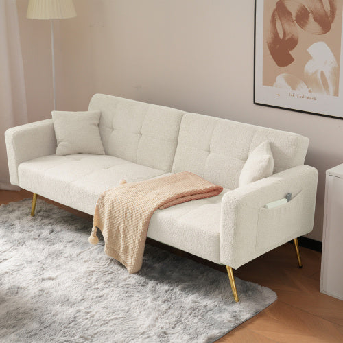 Modern Beige Sofa Bed – Adjustable Backrest Couch with Cushions and Side Pockets