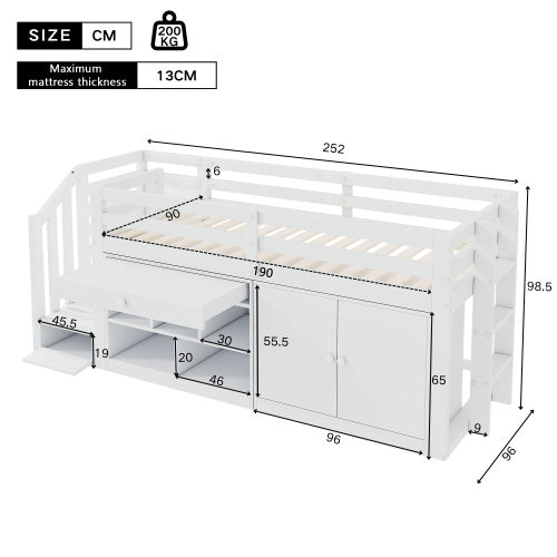 Multifunctional Wooden Children’s Bed – White Bunk Bed with Stairs, Storage and Desk
