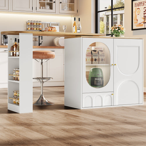 360 Rotating Bar Table – Modern White Kitchen Island with Storage Shelves and Doors