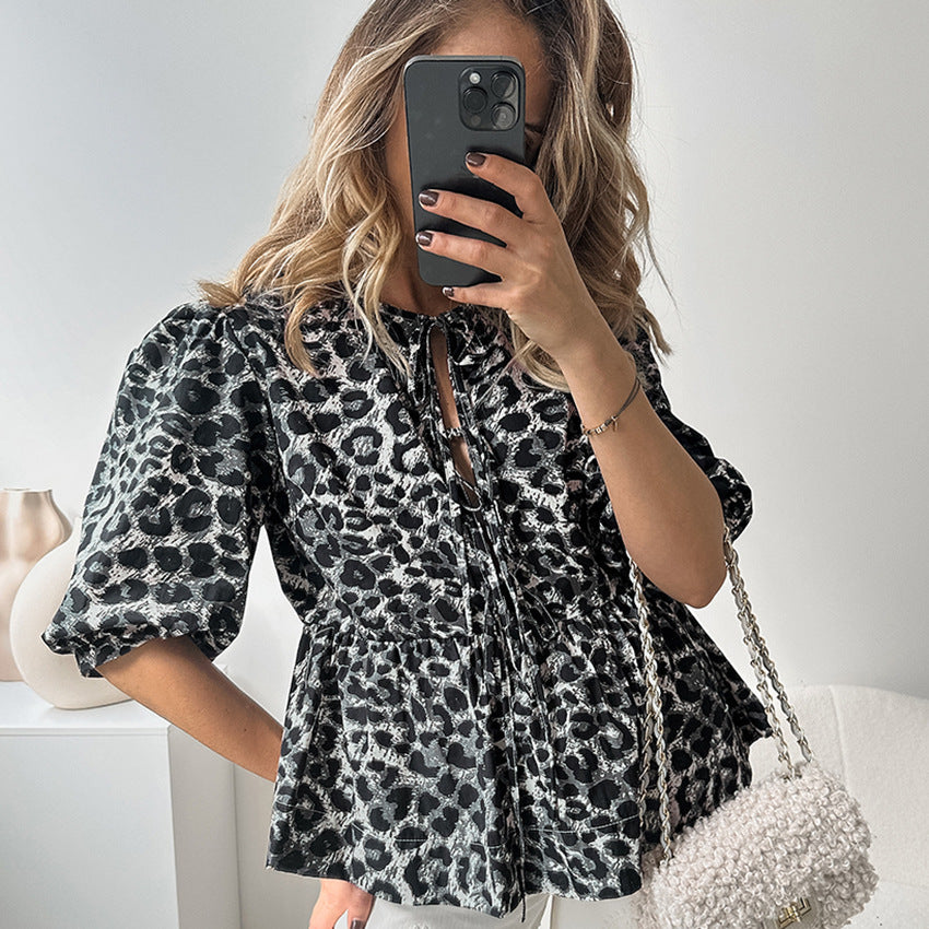 Leopard Print Bubble Sleeve Blouse - Stylish lace- up Shirt for Women