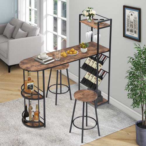 Industrial Bar Table Set with 2 Chairs – Rustic Brown Counter Height Dining Table