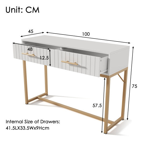 Modern White Dressing Table – Bedroom Chest with 2 Drawers and Gold Legs