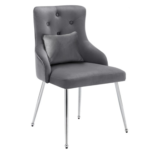 Modern Grey Upholstered Dining Chair – Button Pattern Seat with Metal Legs