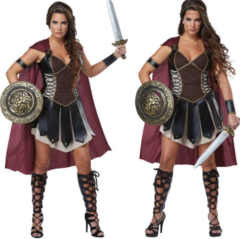 Women’s Gladiator Halloween Costume – Warrior Outfit with Cape, Sword & Shield