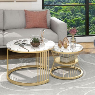 Set of 2 Round Marble Coffee Tables – Modern Nesting Tables with Gold Metal Frame