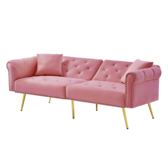 Modern 2 Seater Sofa Bed – Velvet Upholstery with Adjustable Backrest and Gold Legs