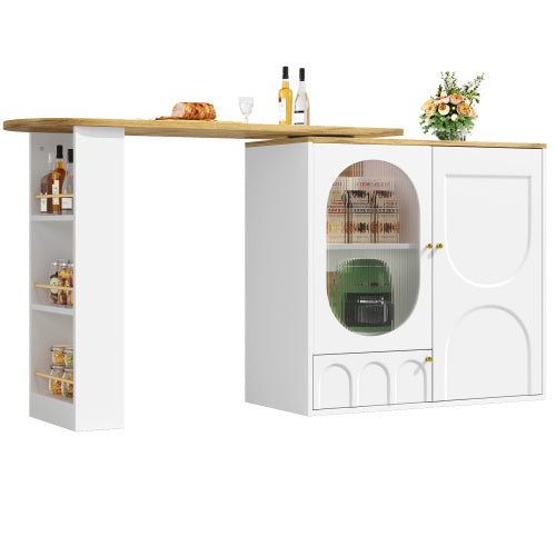 360 Rotating Bar Table – Modern White Kitchen Island with Storage Shelves and Doors