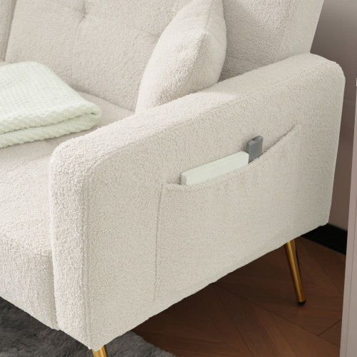 Modern Beige Sofa Bed – Adjustable Backrest Couch with Cushions and Side Pockets