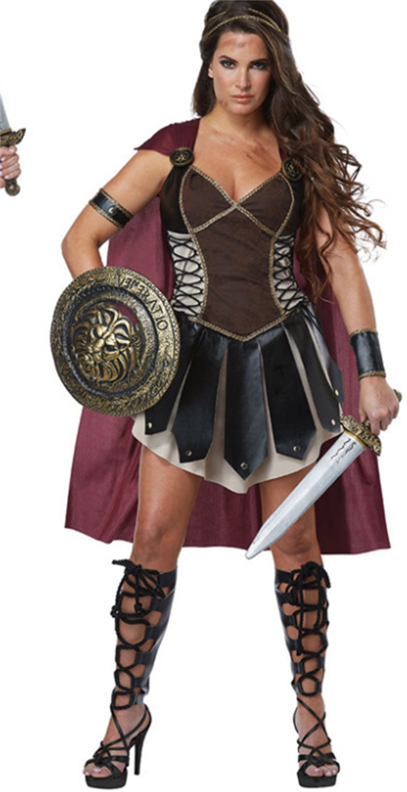 Women’s Gladiator Halloween Costume – Warrior Outfit with Cape, Sword & Shield