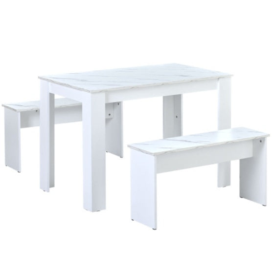 White Dining Table with 2 Benches – Modern Small Space Kitchen Table Set