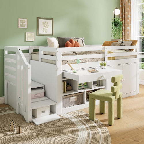 Multifunctional Wooden Children’s Bed – White Bunk Bed with Stairs, Storage and Desk